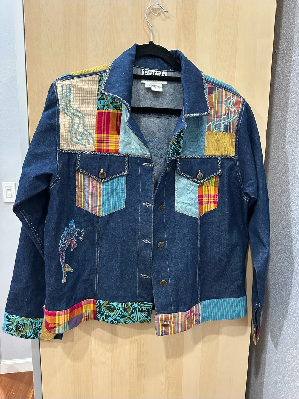 FAITH by CELIA FORRESTER NEW Fish Beaded EMBELLISHED artsy DENIM JEAN JACKET XL